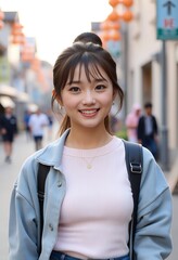 Happy Asian Teen Girl Smiling Outdoor City Street Portrait