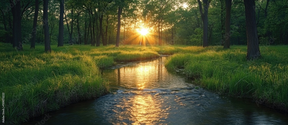 Poster tranquil canal view with sunlight filtering through lush greenery creating a serene nature scene on 