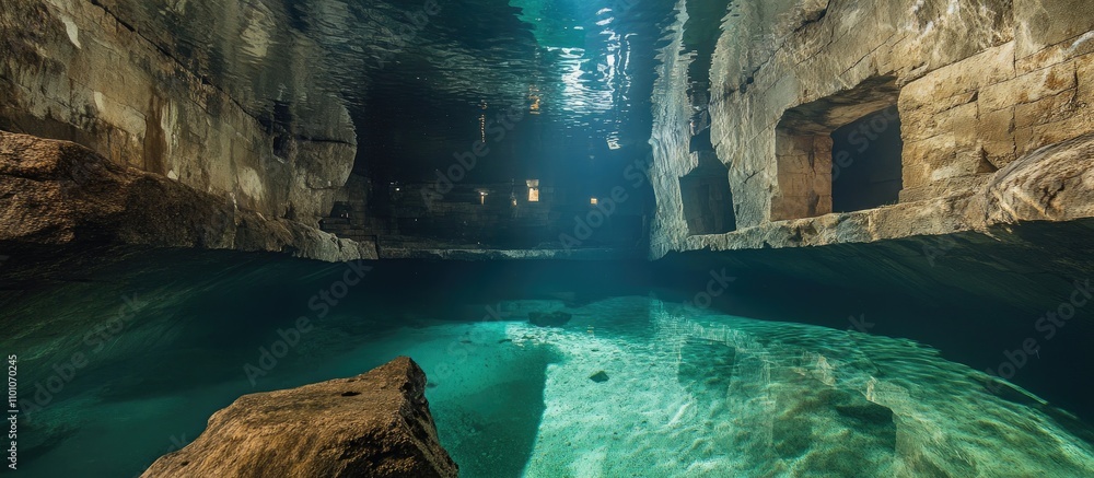 Poster Mysterious submerged quarry with rock formations and crystal clear water in a tranquil underwater environment illuminated by soft light