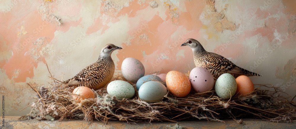 Poster easter backdrop with quail birds and colorful textile eggs arranged in a natural nest setting