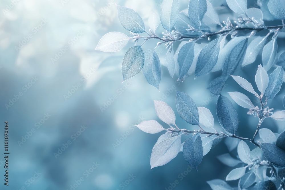 Poster soft, blue toned leaves of a tree branch in the background with a blurred background and space for c