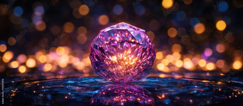 Poster crystal sphere refracting light on a glow illuminated surface creating vibrant bokeh effects showcas