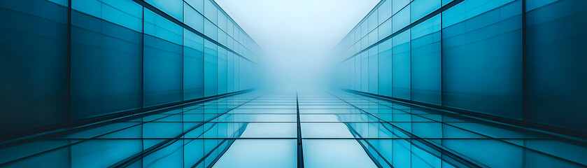 Obraz premium Abstract Blue Glass Building Corridor, Modern Architecture Background, Futuristic Design Illustration