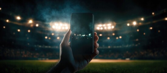 Hand holding smartphone at a baseball stadium ready for live scoring and fantasy league management in a tech-savvy sports environment.