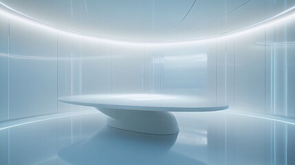 Futuristic white oval table in a bright, minimalist, circular room with glowing lines. Generative ai