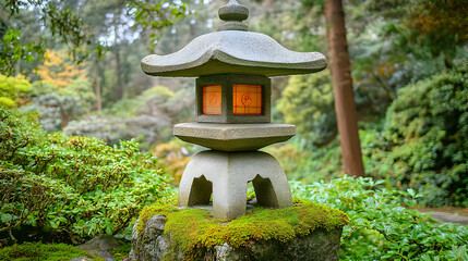 Stone Lantern Illuminates Serene Garden with Soft, Amber Glow