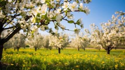 Apple and pear tree blossoms in springtime showcasing vibrant flowers and lush greenery in a serene orchard setting.