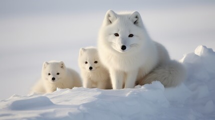Obraz premium Arctic fox family elegantly positioned in a serene snowy landscape showcasing their pristine white fur and attentive demeanor.