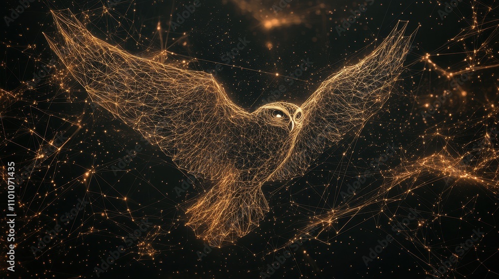 Poster A luminous owl with outstretched wings appears against a dark background, created with intricate glowing lines and dots.