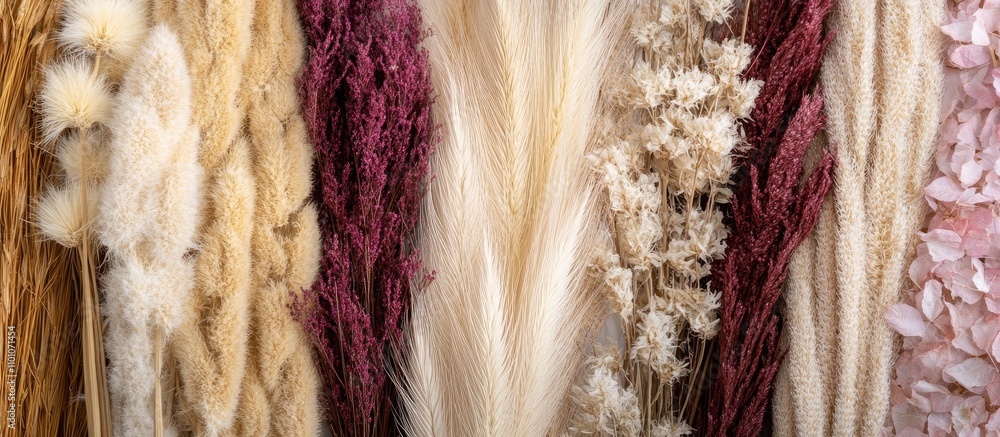 Poster Abstract composition of dried pampas grass and various flowers in vibrant colors creating a textured background ideal for decorative design.