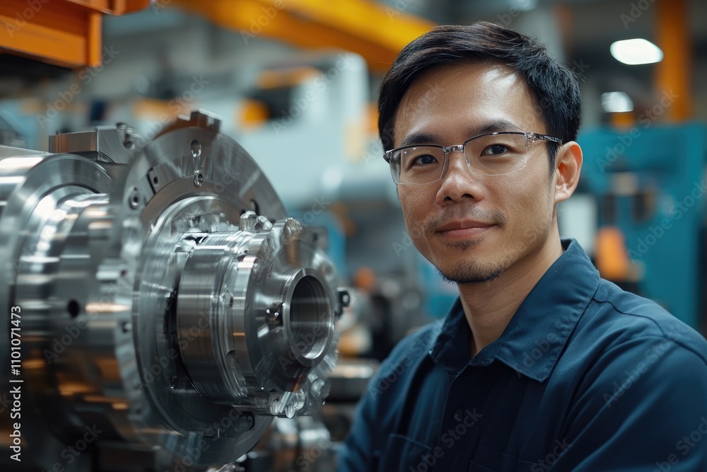 Aufkleber industrial engineer smiling and working with heavy machinery in factory