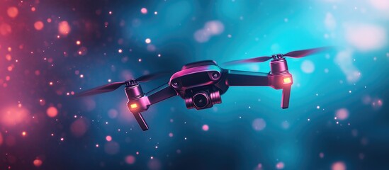 Naklejka premium Pocket drone flying in vibrant blue and pink backdrop showcasing modern aerial technology and the spirit of outdoor adventure