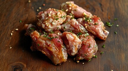 Marinated chicken wings seasoned with herbs and spices, arranged on a rustic wooden surface, showcasing their flavorful preparation.