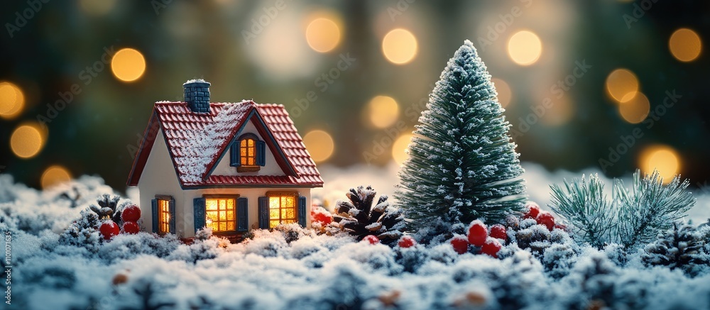 Poster miniature house in snow with fir tree and bokeh lights at night creating a festive christmas and new