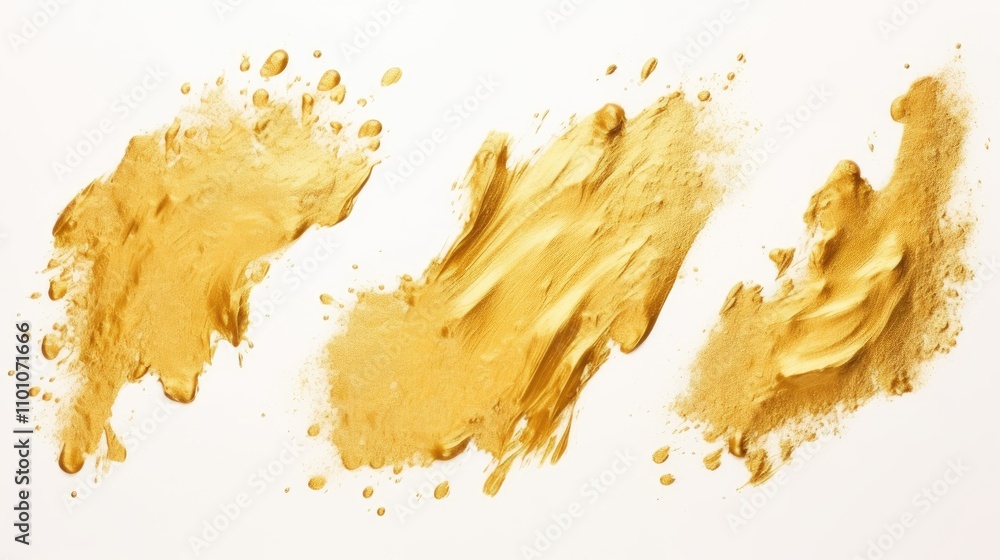 Poster abstract gold brushstroke textures with glittering bronze and crushed leaf design on a white backgro