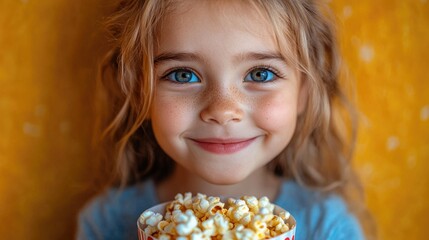 Naklejka premium Joyful girl with popcorn radiating happiness and excitement against a warm yellow background. Perfect for family or lifestyle themes.