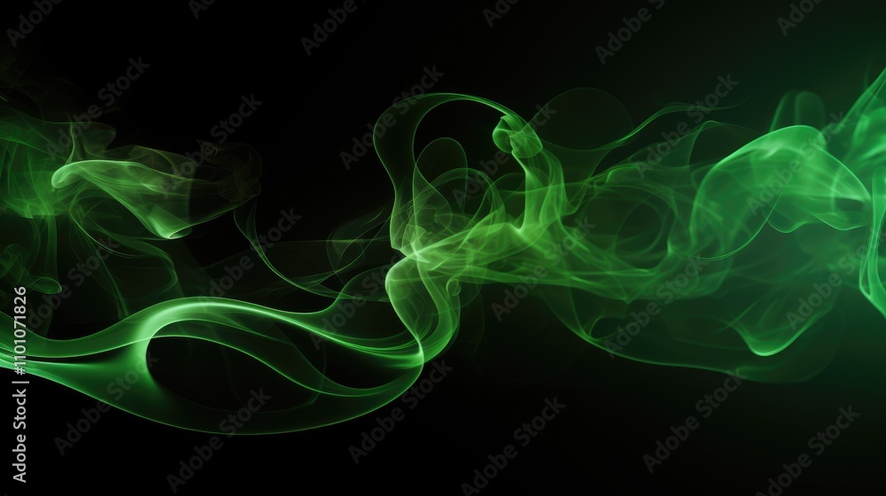 Poster luminous green smoke waves creating an abstract flame effect on a dark background for artistic or de