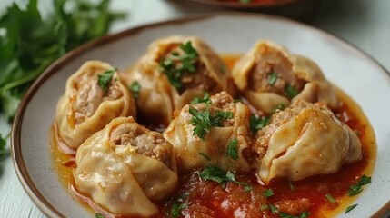 Homemade meat-filled khinkali arranged on a white plate, garnished with fresh herbs, complemented by a rich tomato sauce on a light background.