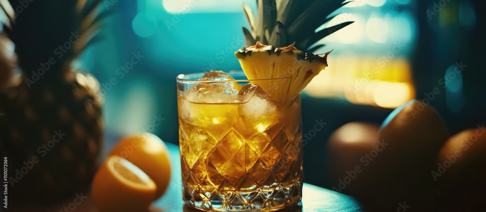 Poster refreshing cocktail with pineapple garnished served in a glass over ice on a bar table with fruit el