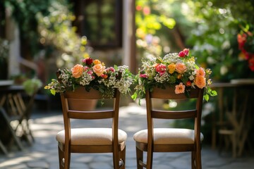 Obraz premium Two wooden chairs with floral decorations in a garden setting.