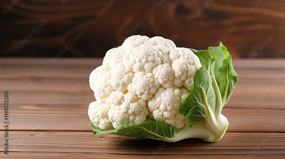 Poster fresh cauliflower on a rustic wooden surface showcasing its texture and vibrant green leaves with am