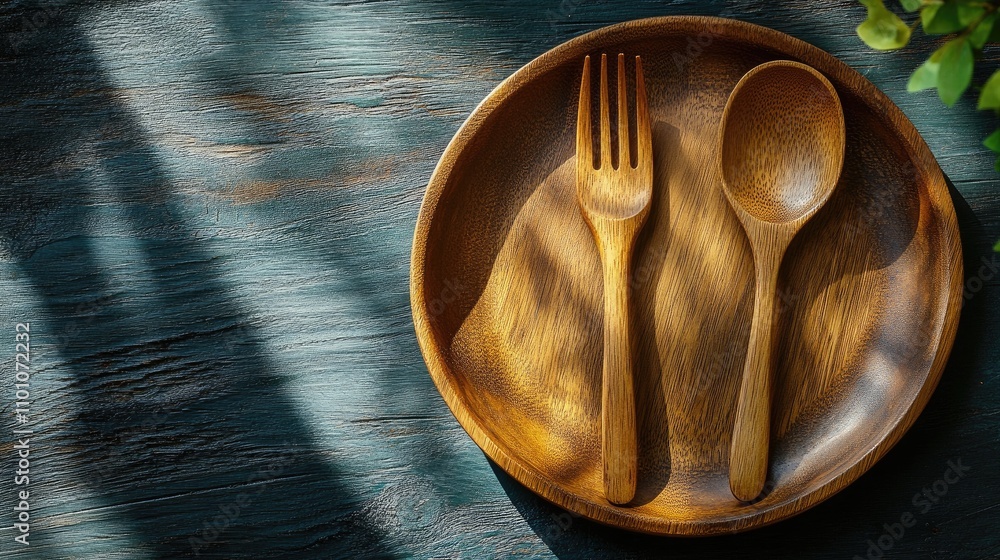 Aufkleber wooden spoon and fork duo on a rustic plate casting shadows creating an organic and inviting atmosph