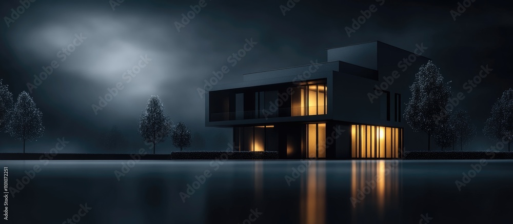 Poster modern architectural design of a sleek black building illuminated at night surrounded by a tranquil 