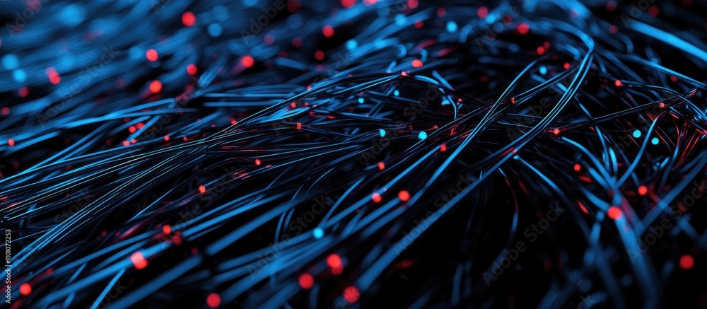 Poster entangled wires with glowing lights representing complex connectivity and digital organization in a 