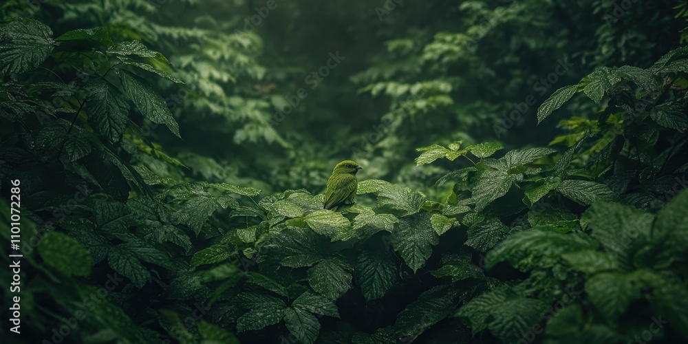 Poster a lush, green forest scene filled with dense foliage, creating a serene and tranquil atmosphere, ide