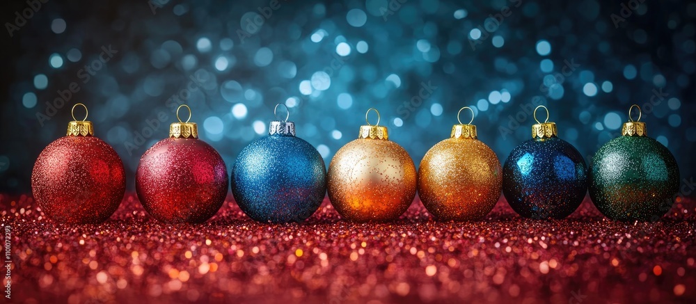 Poster colorful christmas baubles arranged in a row with shimmering background creating a festive and joyfu