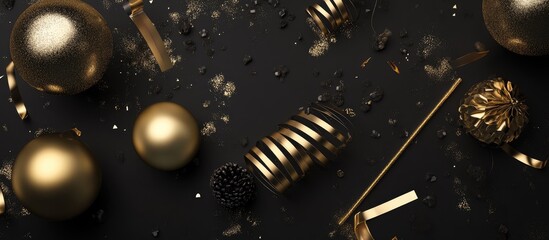 Elegant party decor with golden ornaments and confetti on dark background for celebration and festive occasions flat lay arrangement.