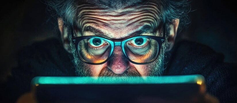 Intense Focus of an Older Man with Glasses Gazing at a Tablet in Low Light Setting Concept of Technology and Observation