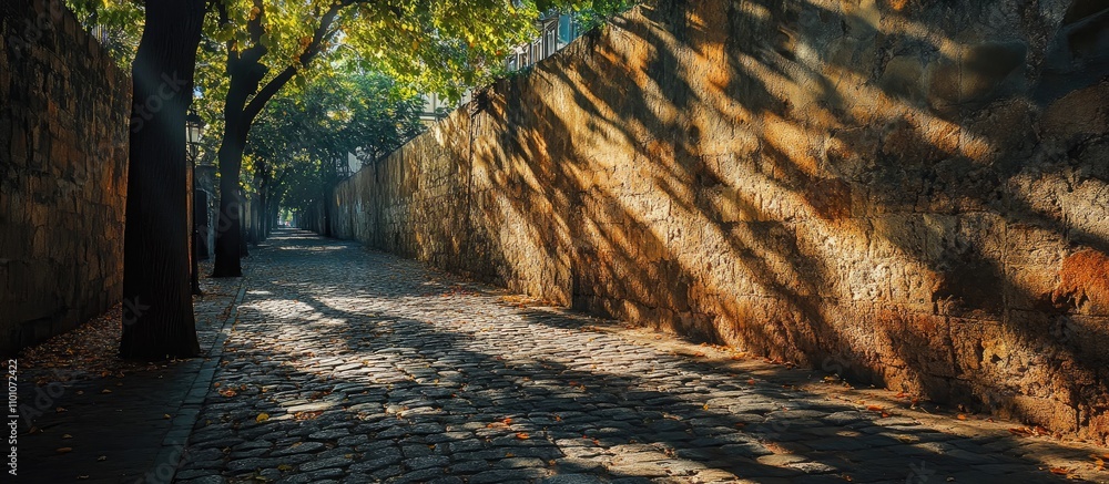Poster serene cobblestone street illuminated by dappled tree shadows creating a picturesque wall of light a