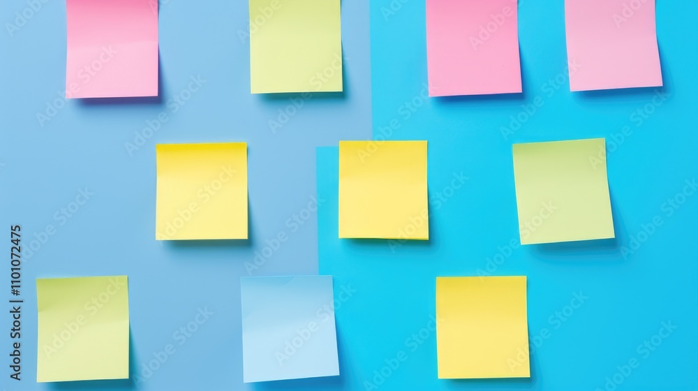Poster colorful sticky note reminders arranged on a blue backdrop for organization planning and note-taking