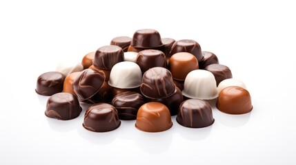 Fototapeta premium Assorted chocolate candies arranged on a white background showcasing a variety of shapes and textures for confectionery themes