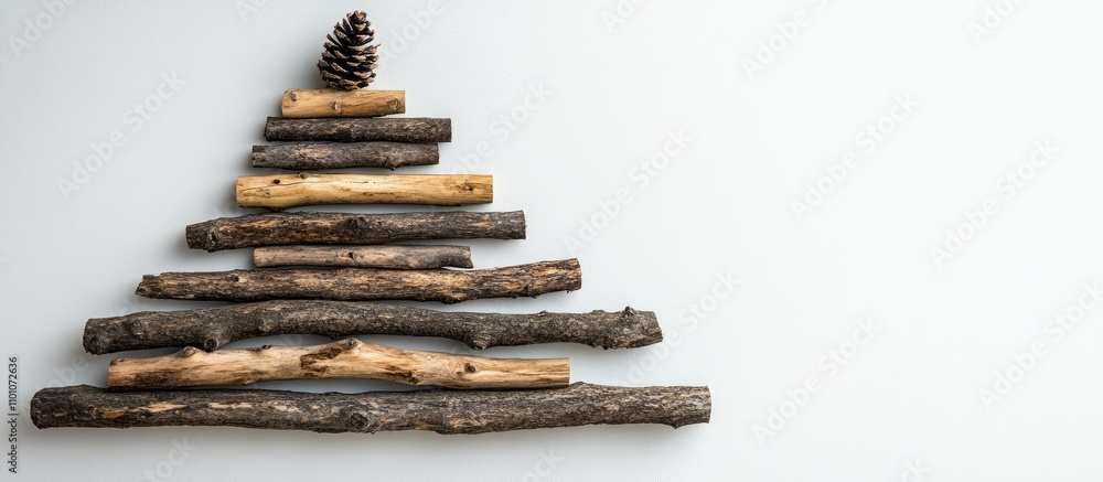 Poster rustic christmas tree made from branches and sticks with a pinecone topper on a clean white backgrou