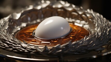 Fototapeta premium Final egg resting elegantly in an ornate tray showcasing intricate design and attention to detail in a close-up perspective.