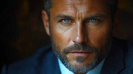 Fototapeta premium Confident businessman portrait with striking blue eyes and a sharp suit exuding professionalism and determination in a moody setting
