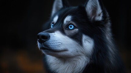 Obraz premium Majestic Siberian Husky with striking blue eyes against a dark background showcasing its beauty and elegance in nature.