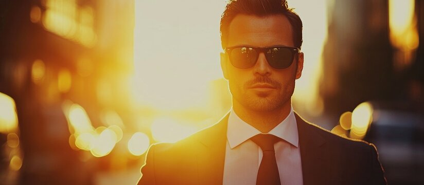 Businessman in sunglasses walking confidently at sunset in a city street showcasing urban lifestyle and professionalism