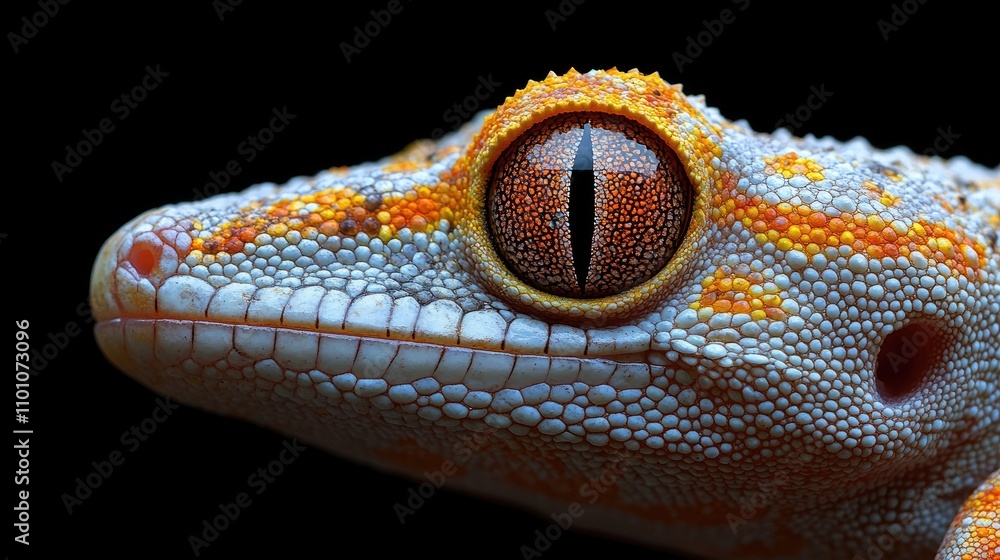 Poster close up of a gecko highlighting intricate details and textures against a stark black background sho