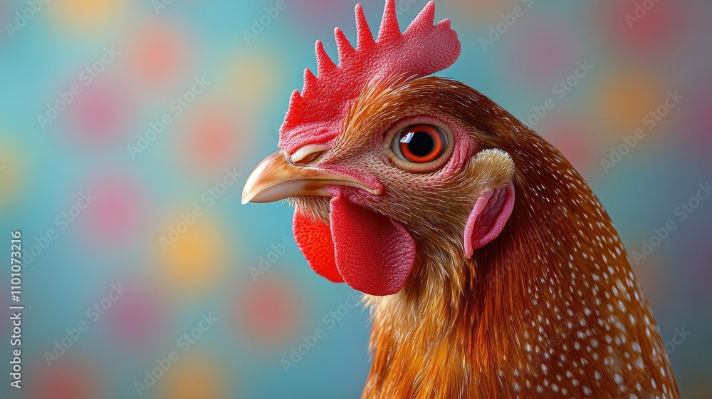 Poster Closeup profile of a vibrant brown chicken displaying intricate feather details against a colorful soft-focus background