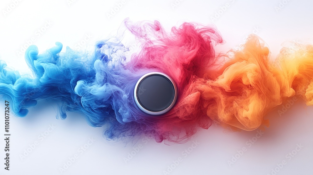 Poster vibrant colored smoke swirling around a circular object on a white background creating an artistic a