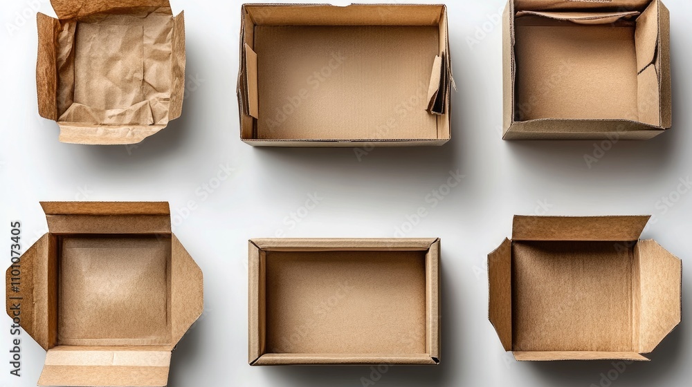 Poster opened cardboard boxes viewed from different angles showcasing empty packaging versatile for storage