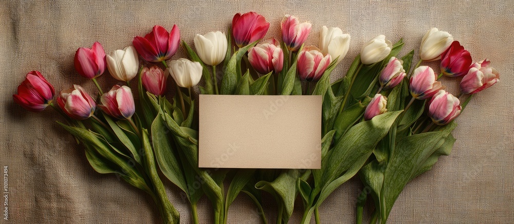 Poster vibrant bouquet of tulips arranged with a blank card on a textured canvas backdrop for customizable 