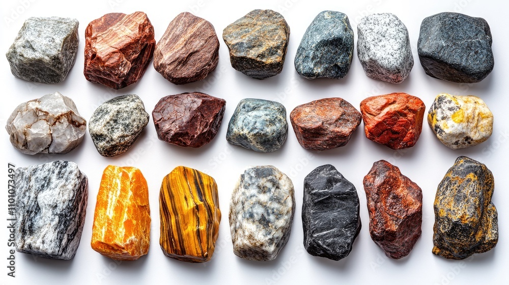 Poster collection of 20 unique rocks and stones displayed on a white background showcasing their distinct c
