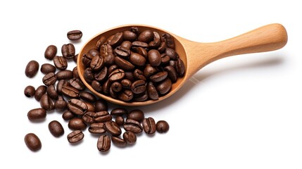 Obraz premium Coffee beans in a wooden spoon on a clean white background showcasing freshness and aroma for coffee lovers and culinary uses
