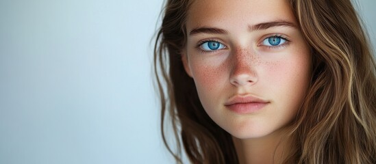 Naklejka premium Closeup portrait of a young woman with captivating blue eyes and natural beauty photographed against a minimalist white background
