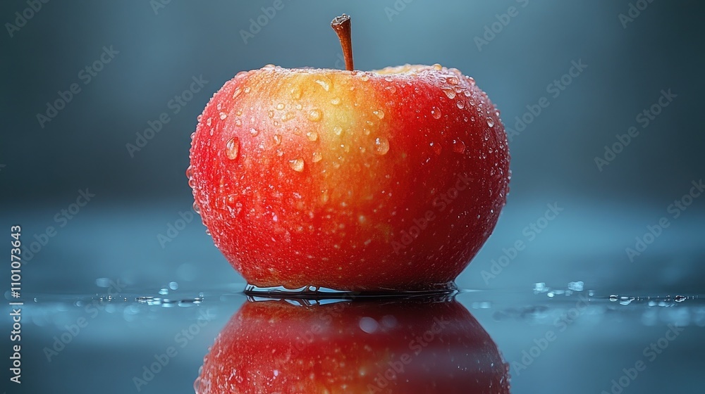 Poster fresh red apple with water droplets isolated on a reflective surface showcasing vivid colors and tex