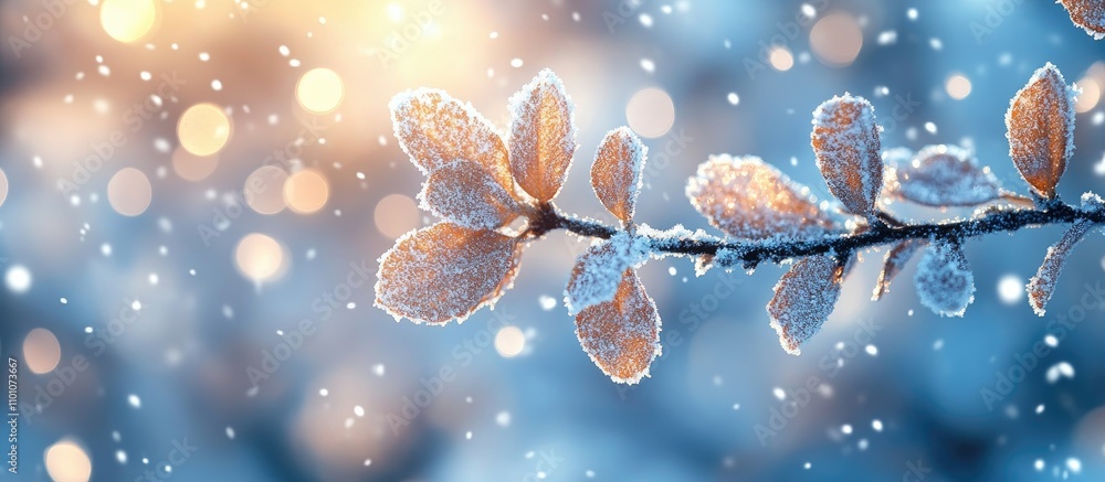 Poster snow-covered branch in winter with delicate frost and soft bokeh background creating a serene snowy 